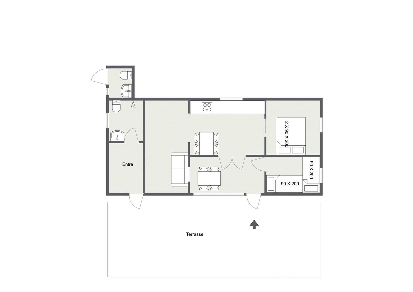 Wohnung mit Küche, Essbereich, zwei Schlafzimmern und Terrasse.