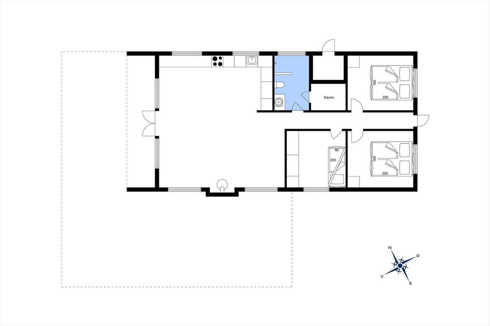 Wohnung mit Küche, Sauna, Bad und zwei Schlafzimmern.