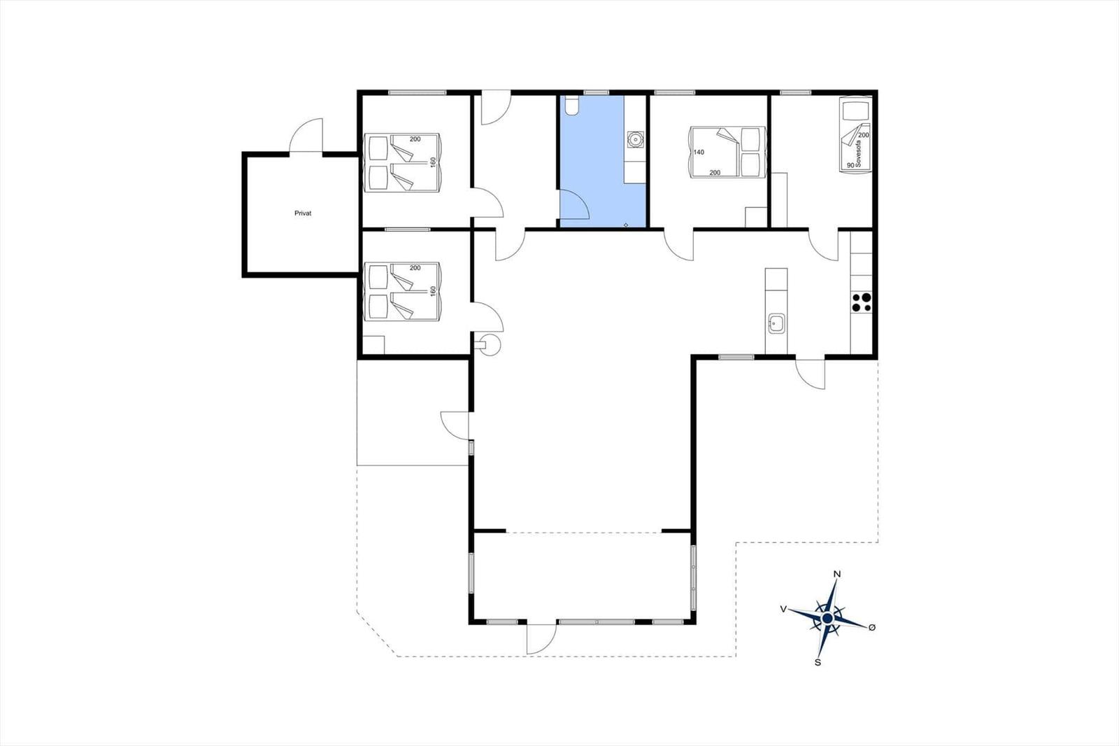 Wohnung mit drei Schlafzimmern, Küche und Bad. Privater Bereich vorhanden.