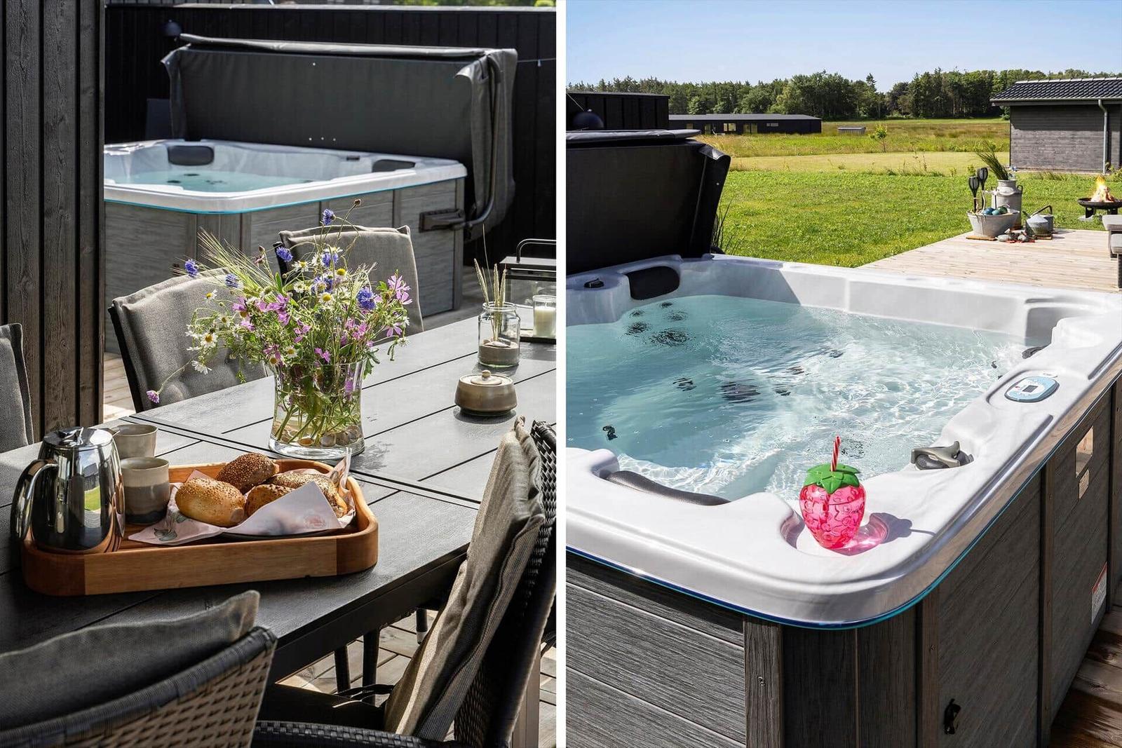 Außenbereich mit Whirlpool und Esstisch mit Blumen und Brot.