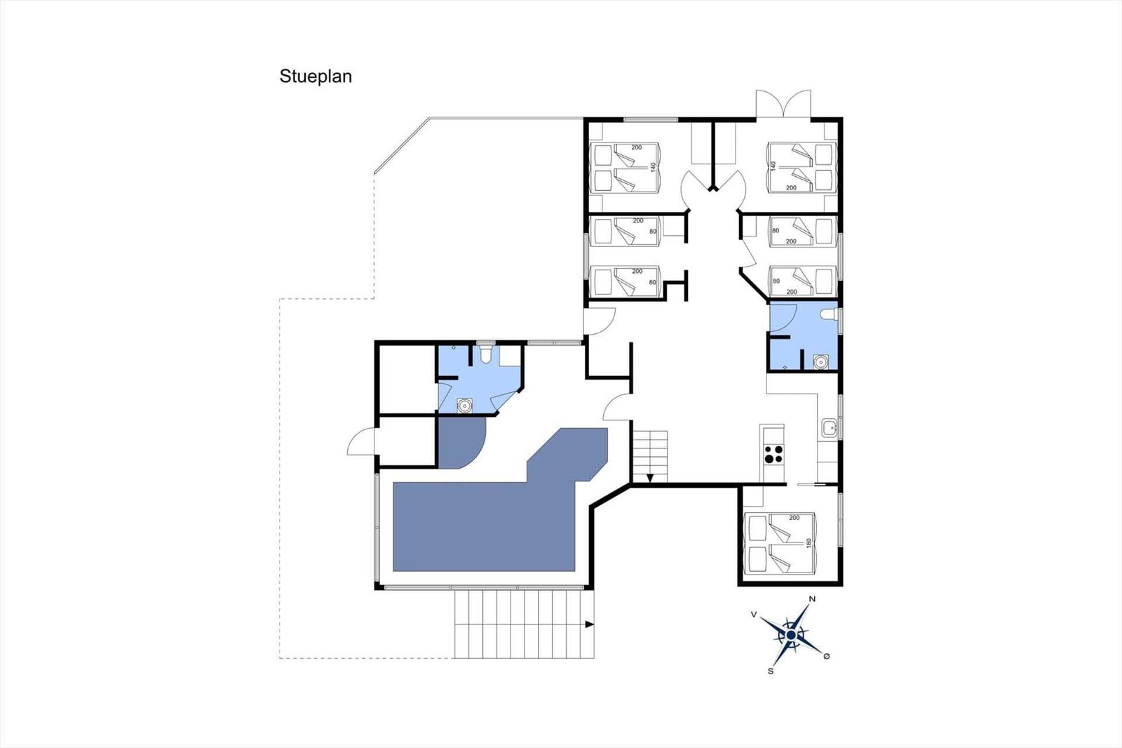 Stueplan zeigt Wohn- und Schlafzimmer mit Bad und Küche.
