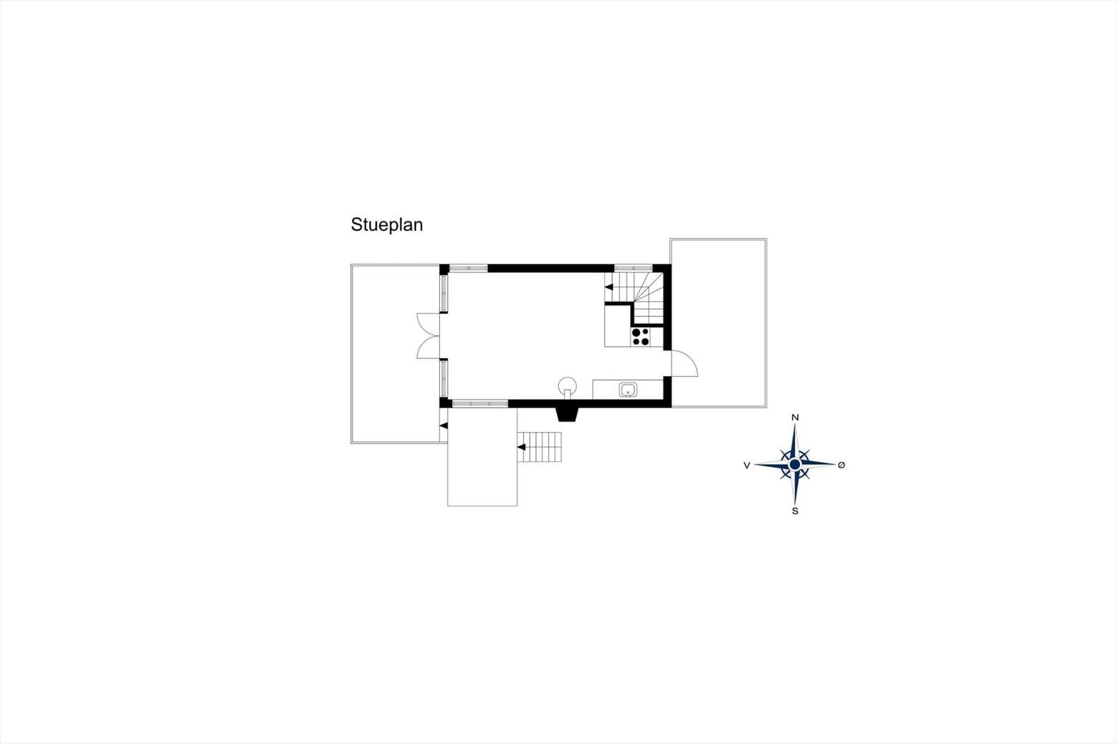 Stueplan zeigt Grundriss mit Küche, Bad und Treppe.