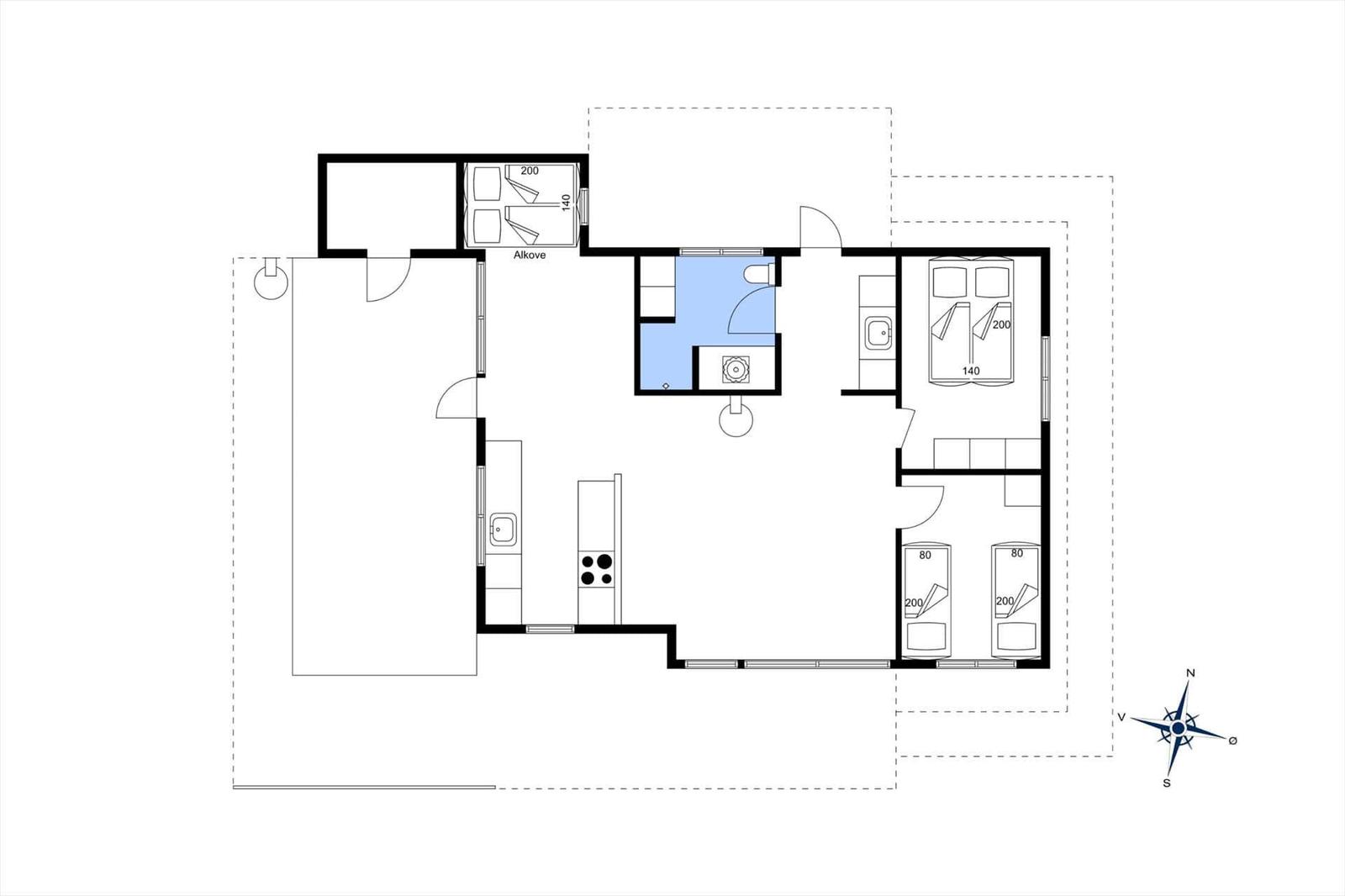 Wohnung mit Küche, Bad, Schlafzimmer und Alkove. Raumübersicht mit Orientierung.
