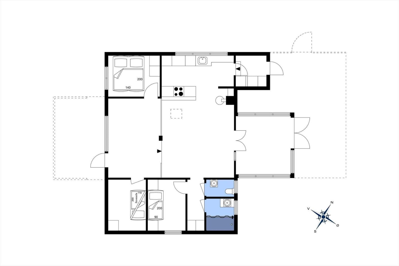 Apartment with bedroom, kitchen, bathroom, and shower.