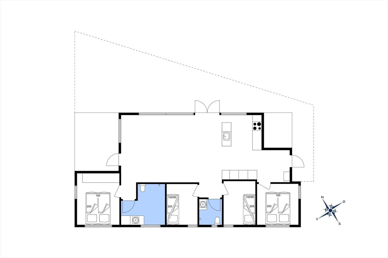 Wohnung mit Küche, Bad und drei Schlafzimmern. Mit Kompass zur Orientierung.
