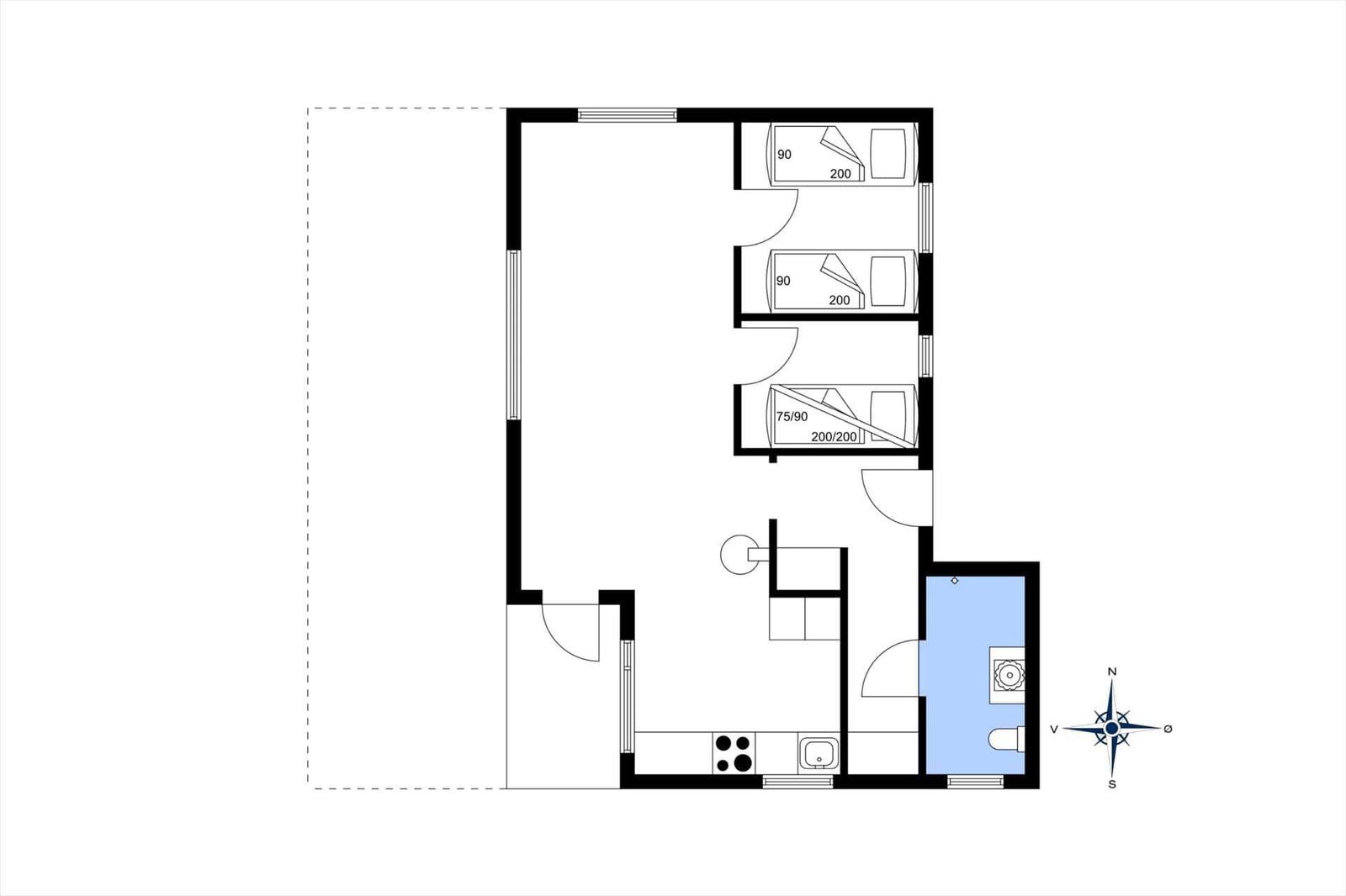 Drei Schlafzimmer, Küche und Bad in einer Wohnung.