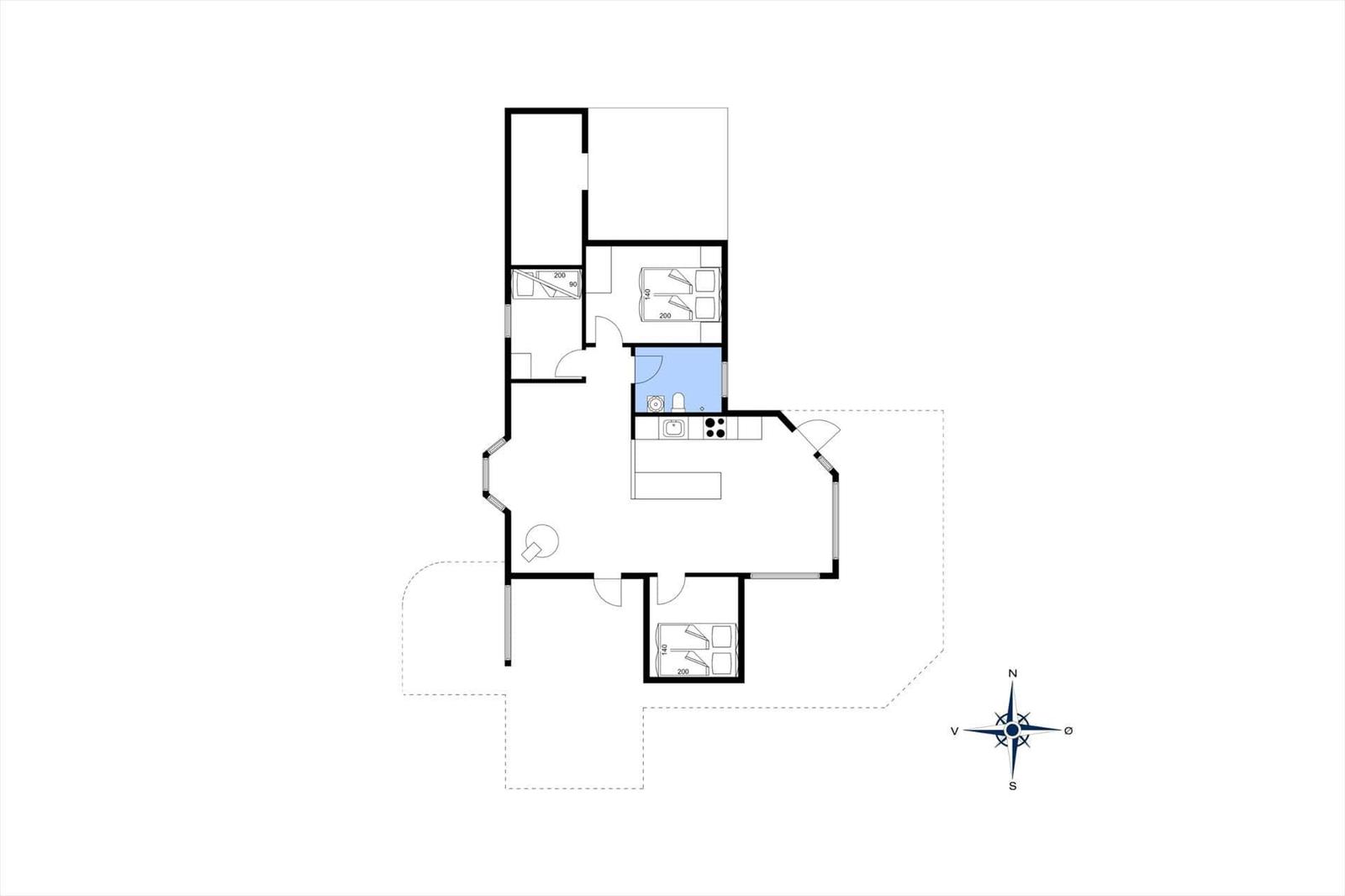 Übersichtsplan einer Wohnung mit Küche, Bad und Schlafzimmern.