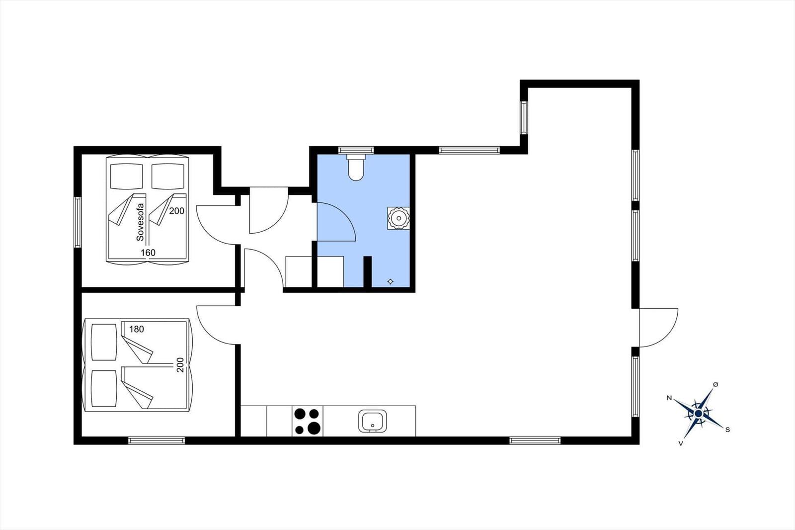 Wohnung mit Schlafzimmer, Küche und Bad. Raumübersicht mit Maßangaben.