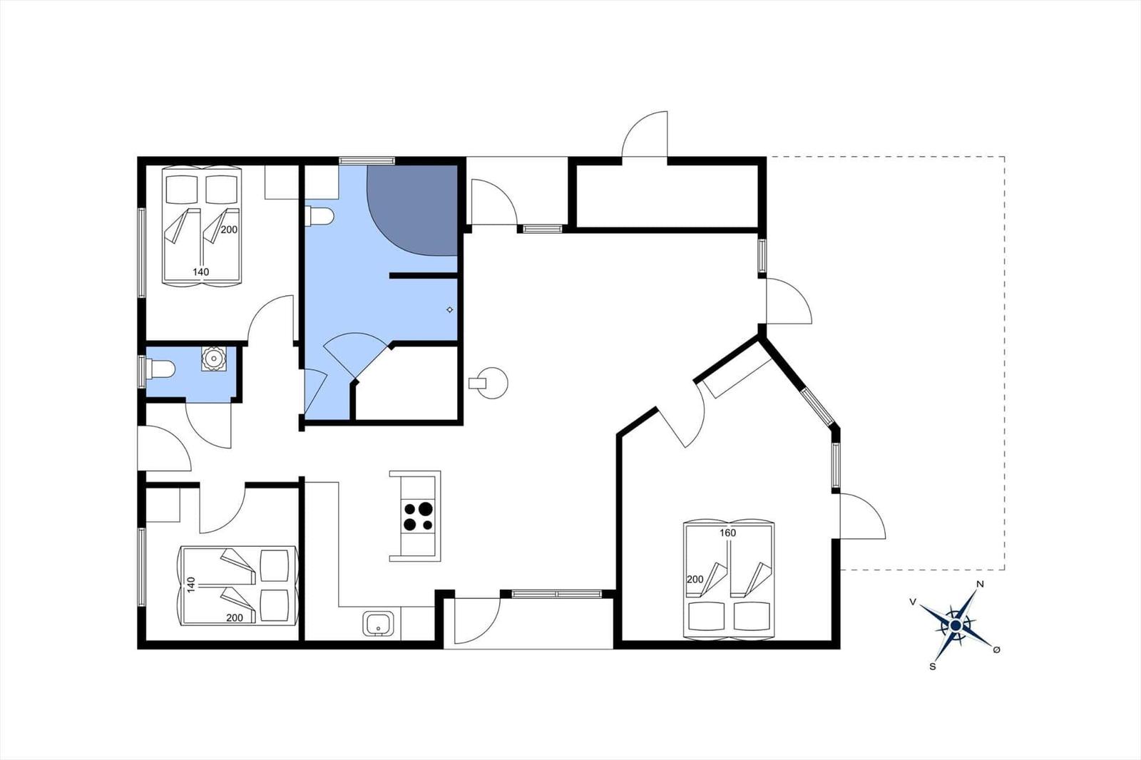 Wohnung mit zwei Schlafzimmern, Küche, Bad und Wohnbereich. Mit Kompassorientierung.