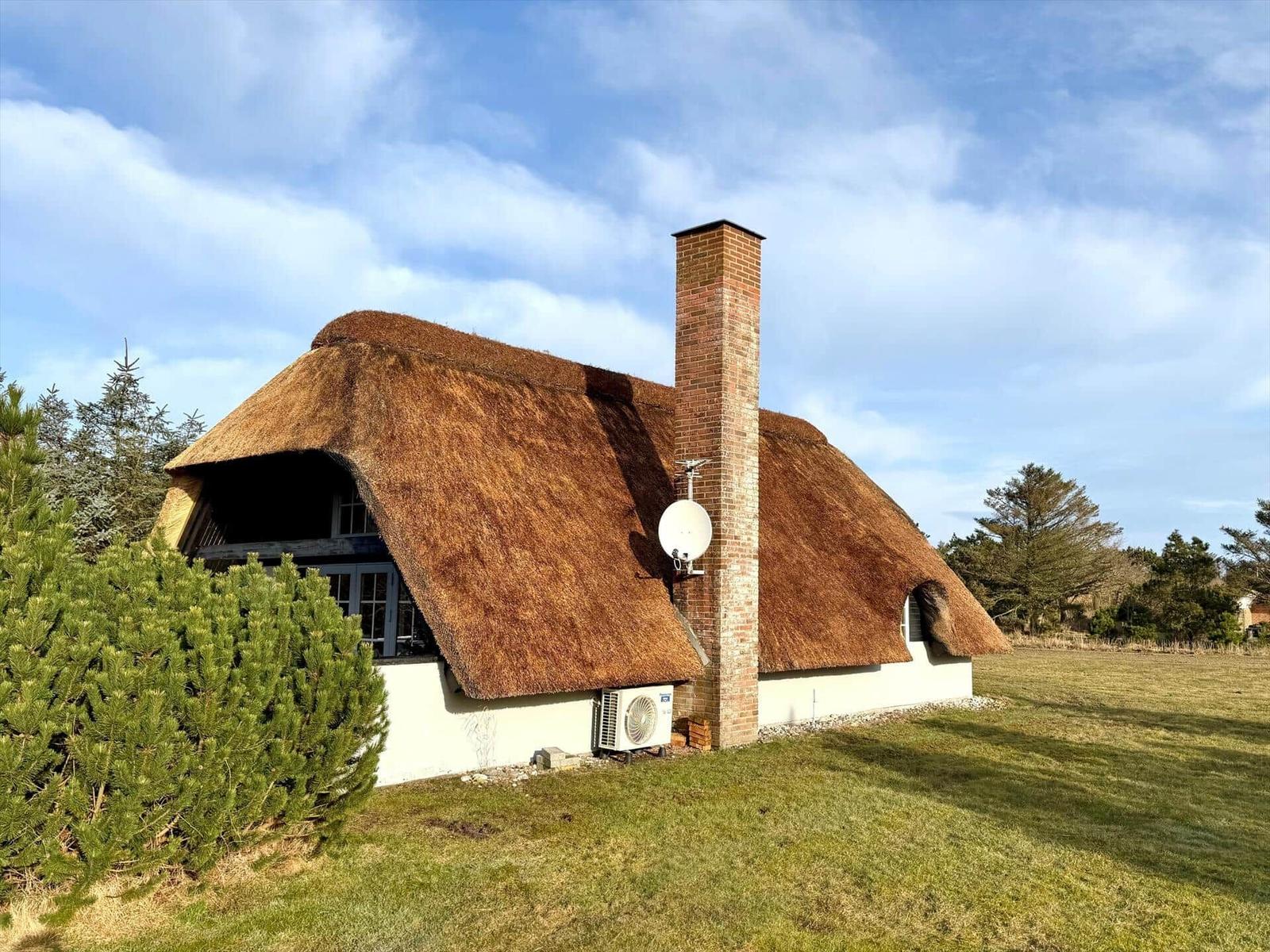 Haus mit Strohdach, Backstein-Kamin und Satellitenschüssel auf grünem Grund.