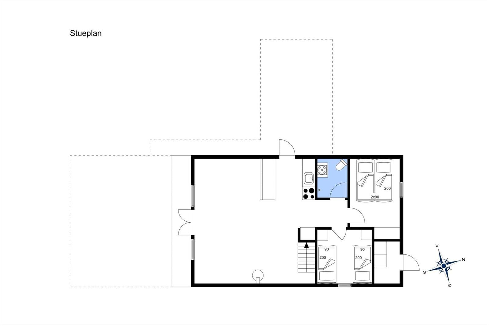 Stueplan zeigt Wohnfläche, Küche, zwei Schlafzimmer und Bad.