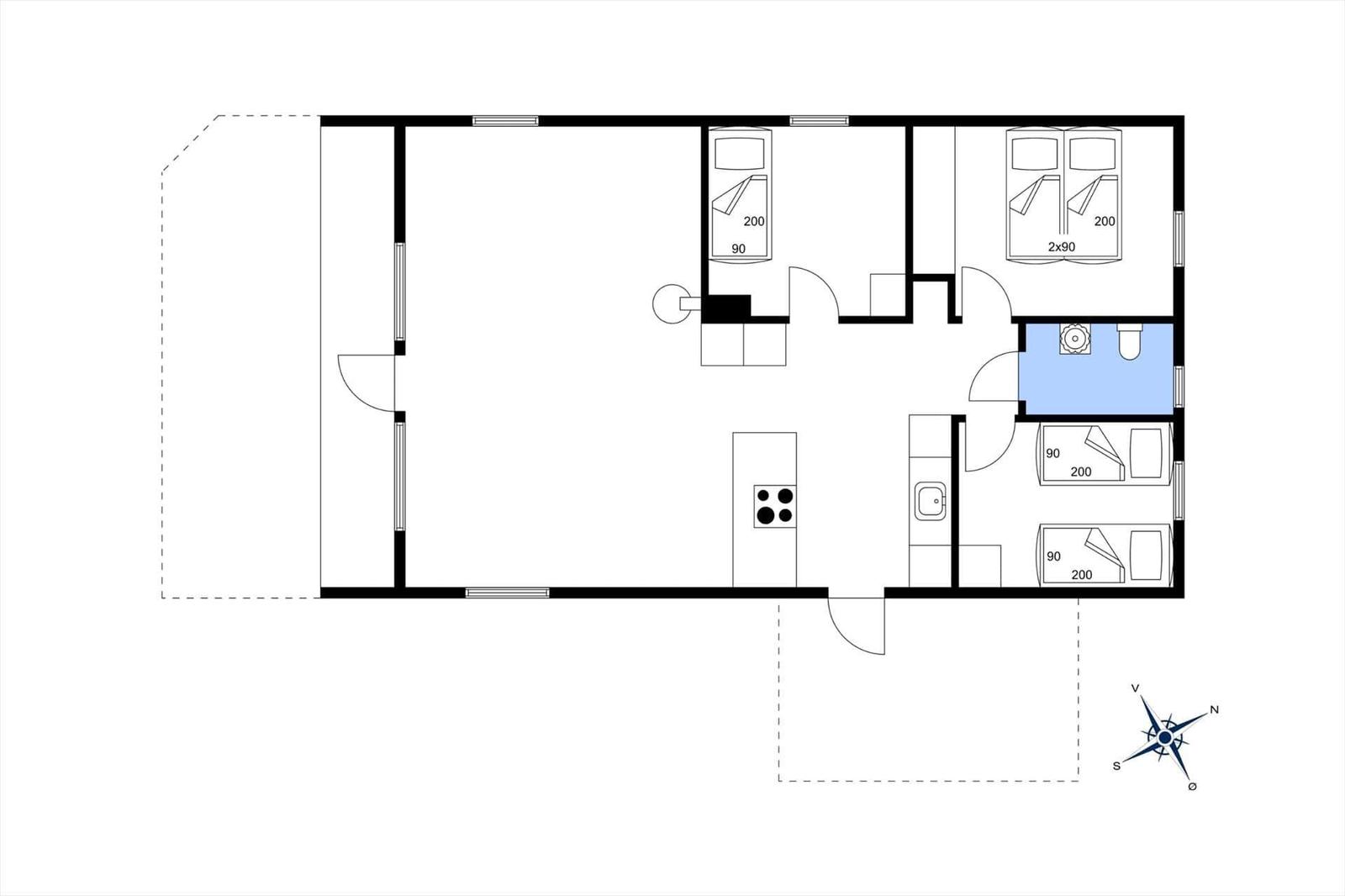 Wohnung mit drei Schlafzimmern, Küche und Bad. Großer Wohnbereich.