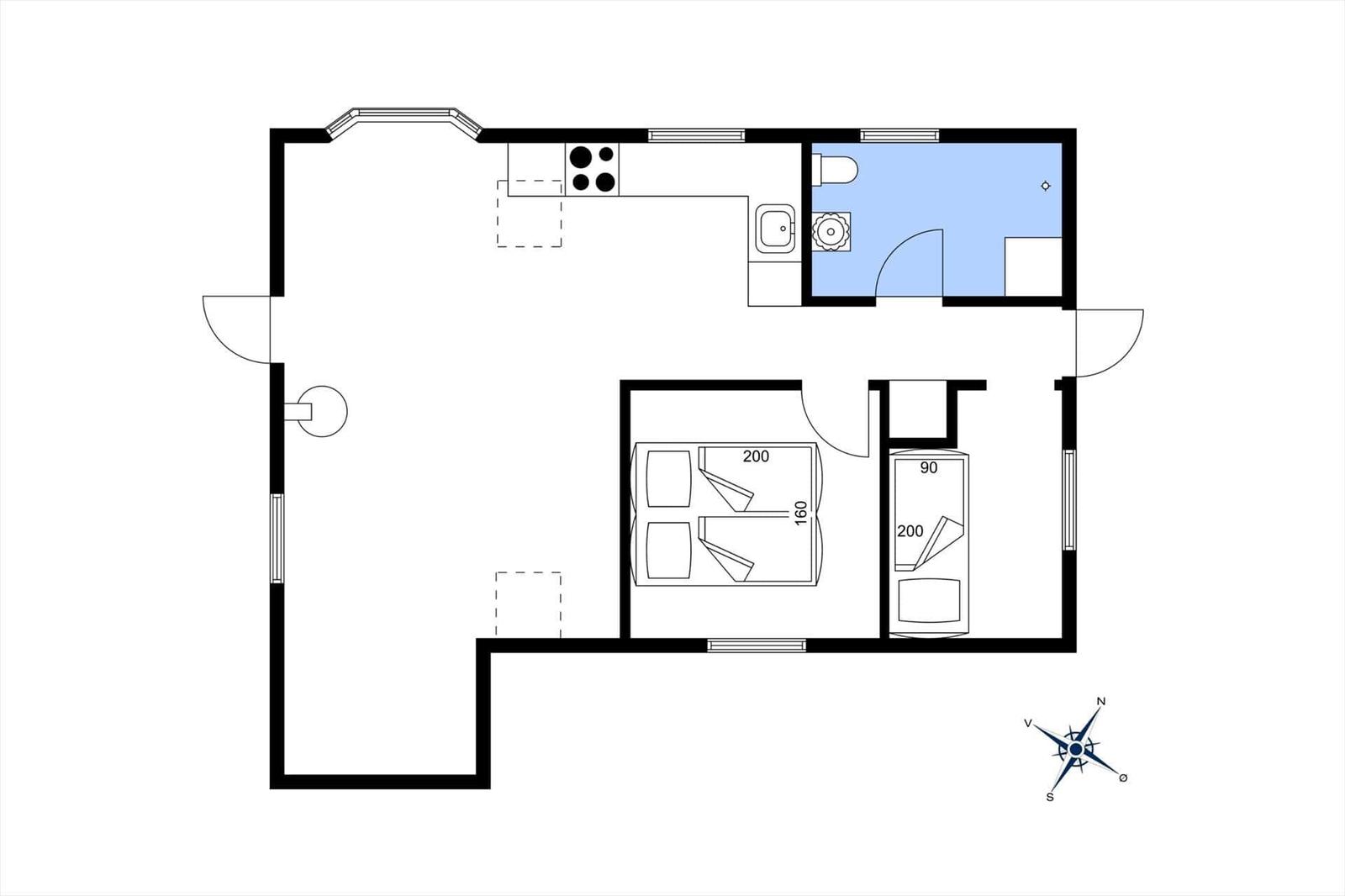 Apartment with kitchen, bathroom, and two bedrooms.