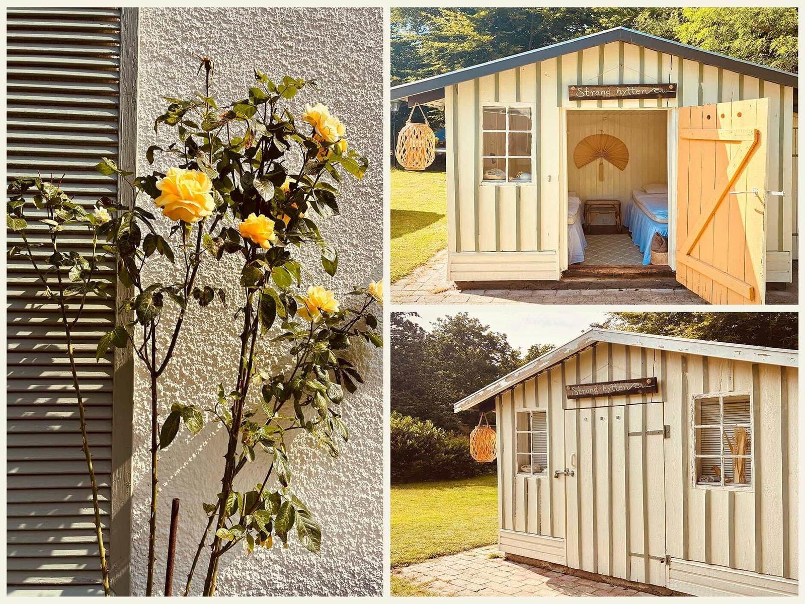 Strandhytten with flowers and bedroom outdoors.