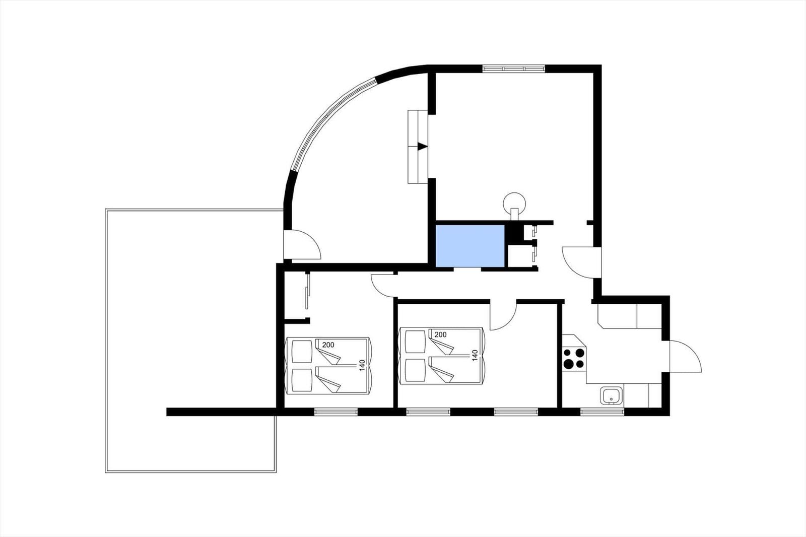 Apartment with two bedrooms, kitchen, and bathroom. Hallway leads to all rooms.