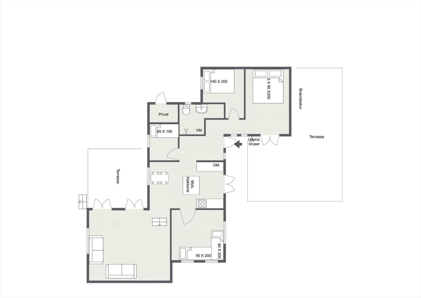 Wohnung mit drei Schlafzimmern, Küche, Bad und Terrassenbereich.