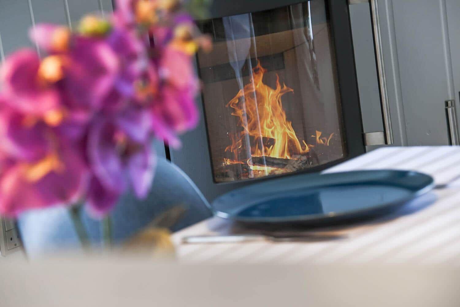 Ein Kamin mit brennendem Feuer, ein Teller auf einem Tisch und eine Orchidee im Vordergrund.