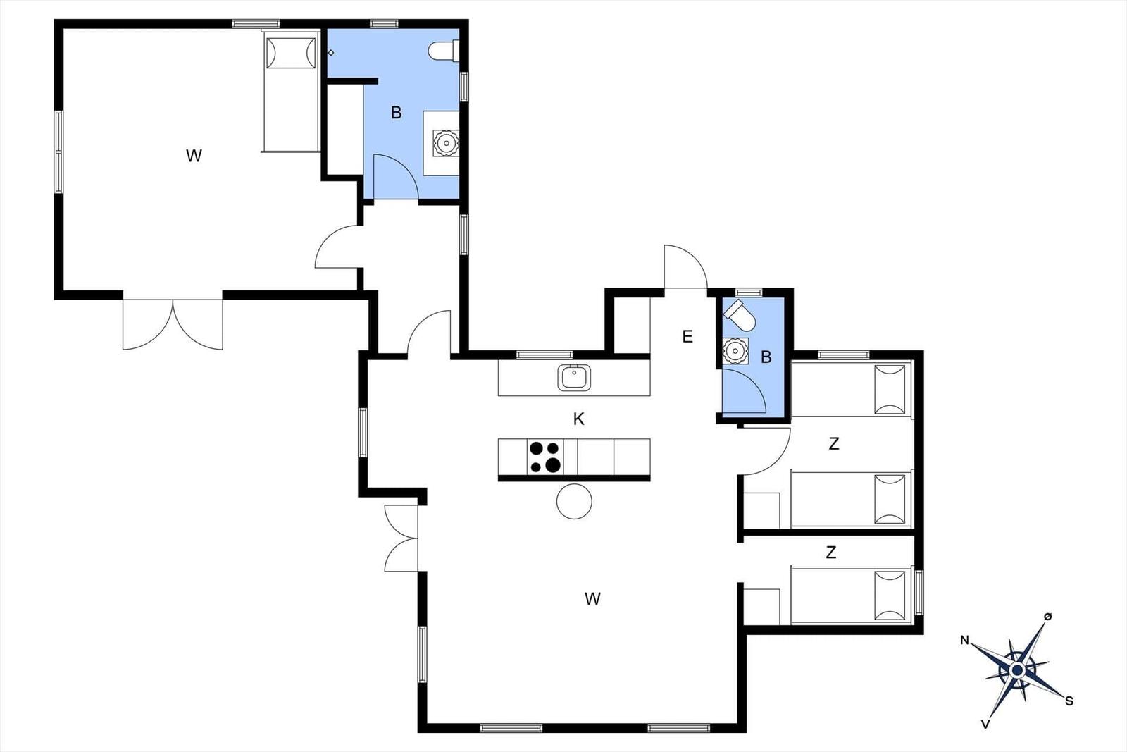 Apartment with kitchen, two bedrooms, and two bathrooms.
