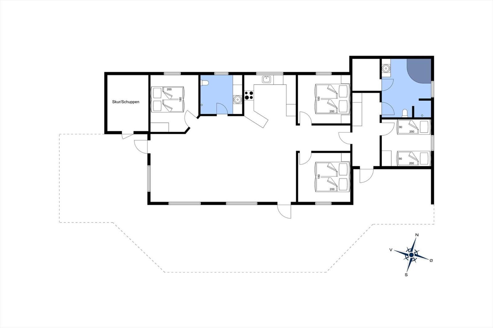 Dieses Grundriss zeigt eine Wohnung mit mehreren Schlafzimmern, Küche und Badezimmer.