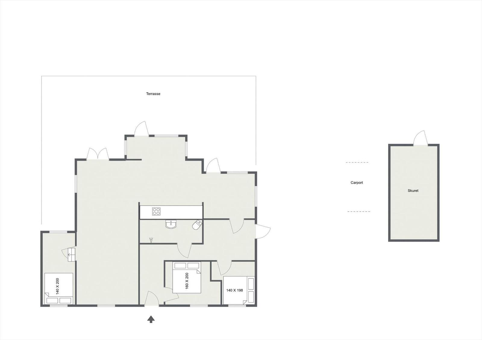 Wohnung mit Terrasse, Küche, Schlafzimmer und Carport.