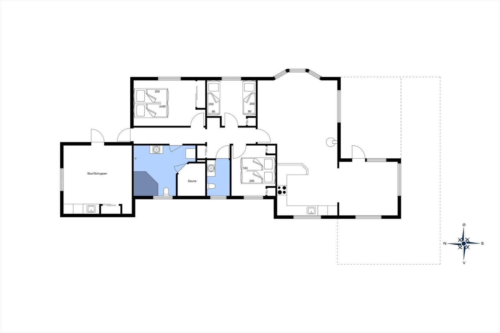 Floor plan of a vacation rental with sauna, bedrooms, and kitchen.