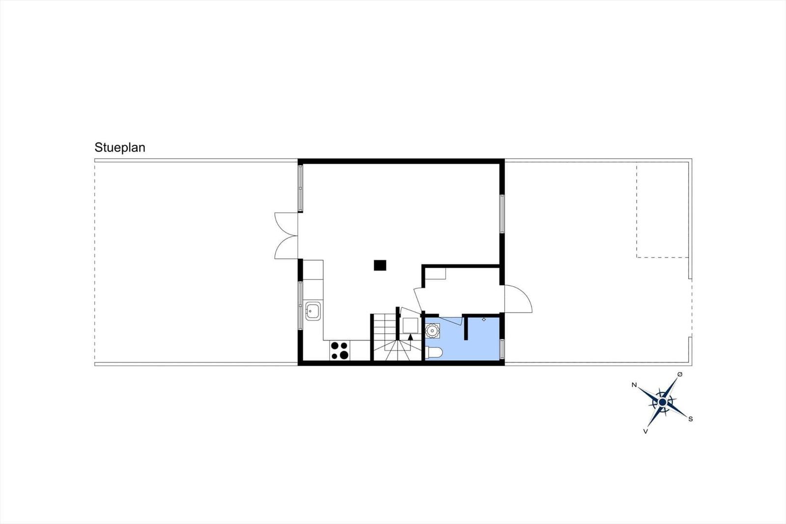 Floor plan shows kitchen, bathroom, and staircase with compass.