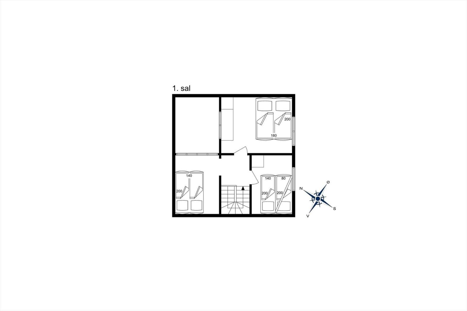 Ground floor plan with bedrooms, bathroom, and staircase.