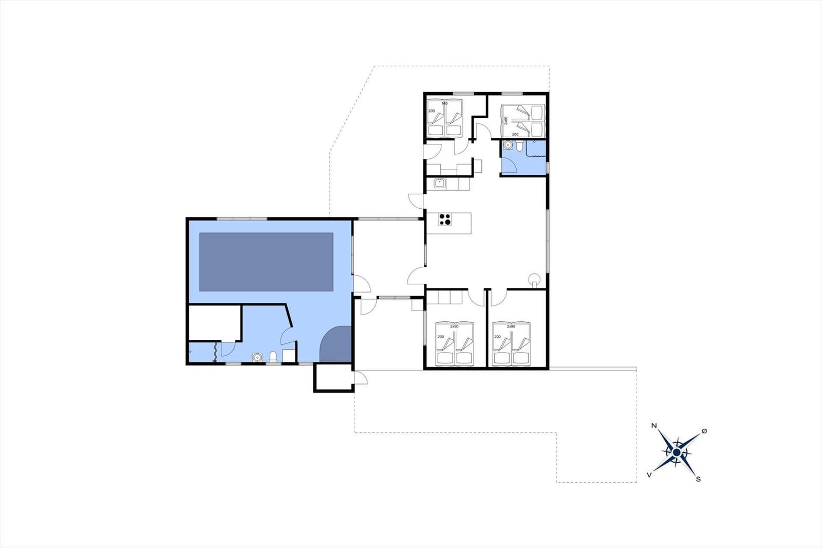 Floor plan of an apartment with three bedrooms, kitchen, and bathroom.