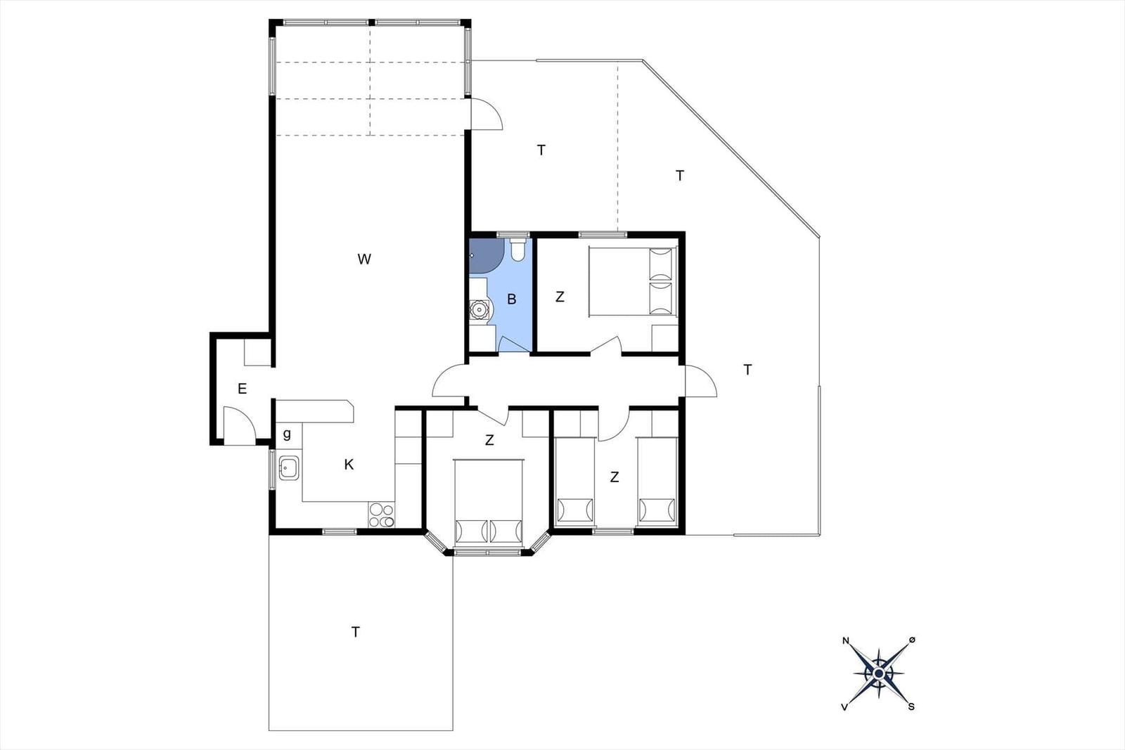 Wohnung mit drei Schlafzimmern, Küche und Bad. Großer Wohnbereich mit Terrasse.