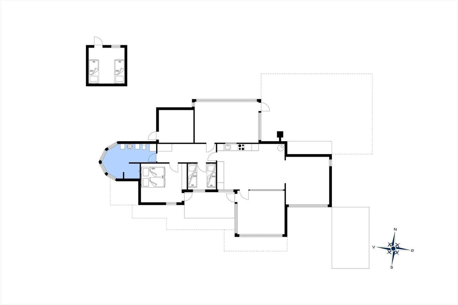 Floor plan shows living area, kitchen, and bedrooms with bathroom.