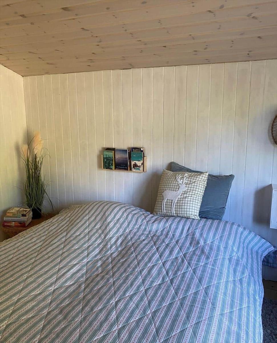 Schlafzimmer mit Bett, Wandregal und Pflanze.