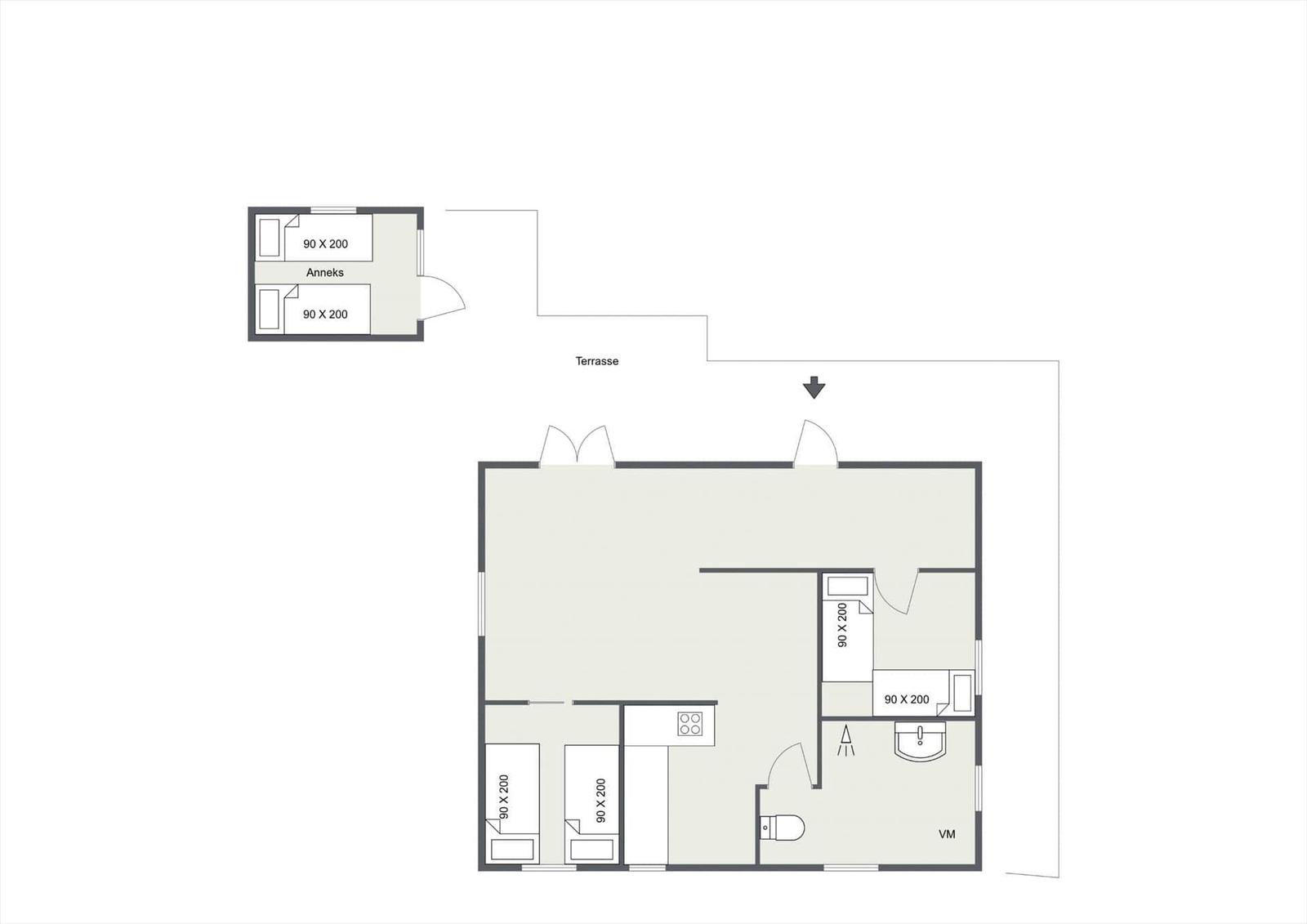 Apartment with terrace, kitchen, bathroom, and two bedrooms.