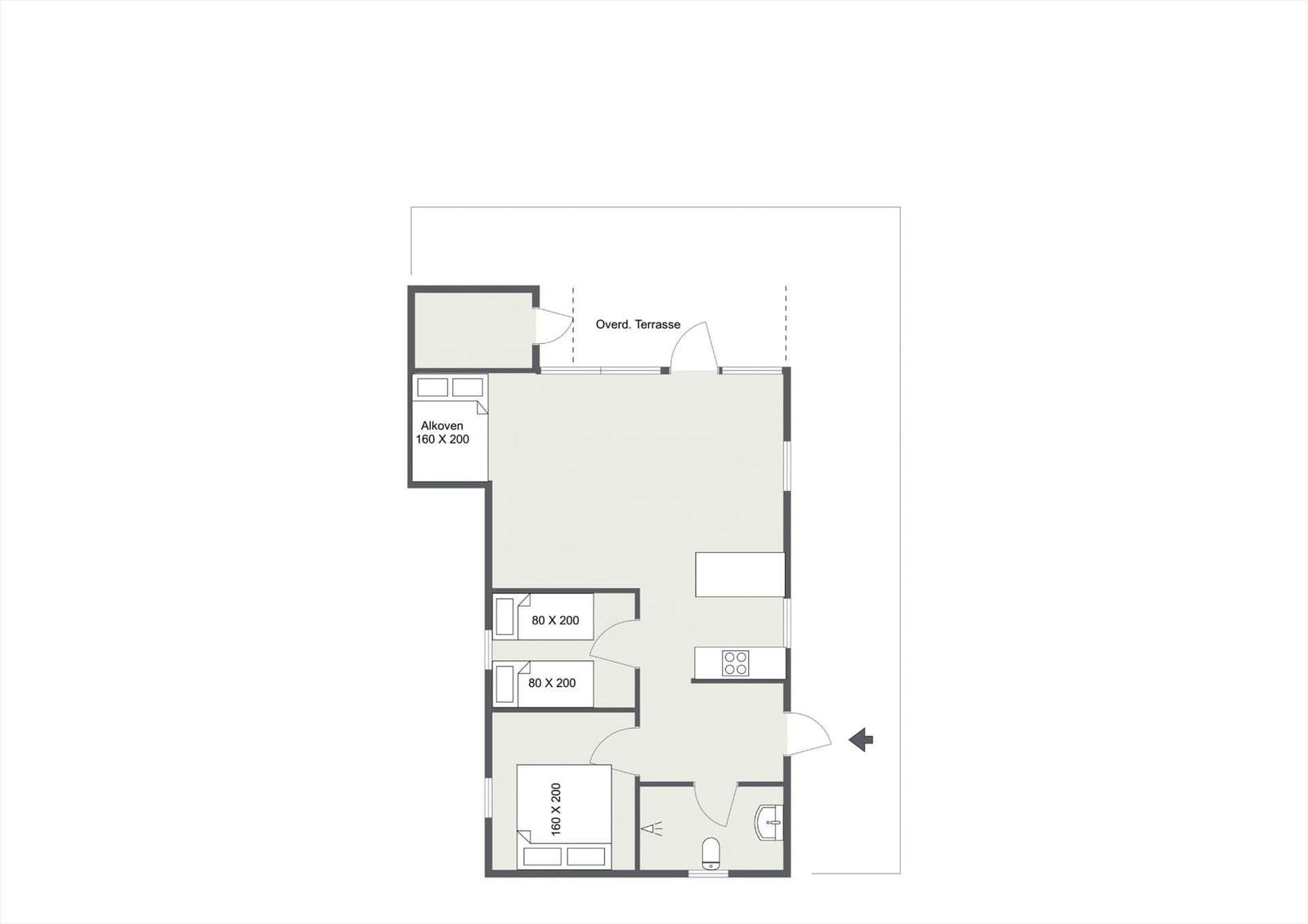 Wohnung mit Küche, Bad, zwei Schlafzimmern und Terrasse.