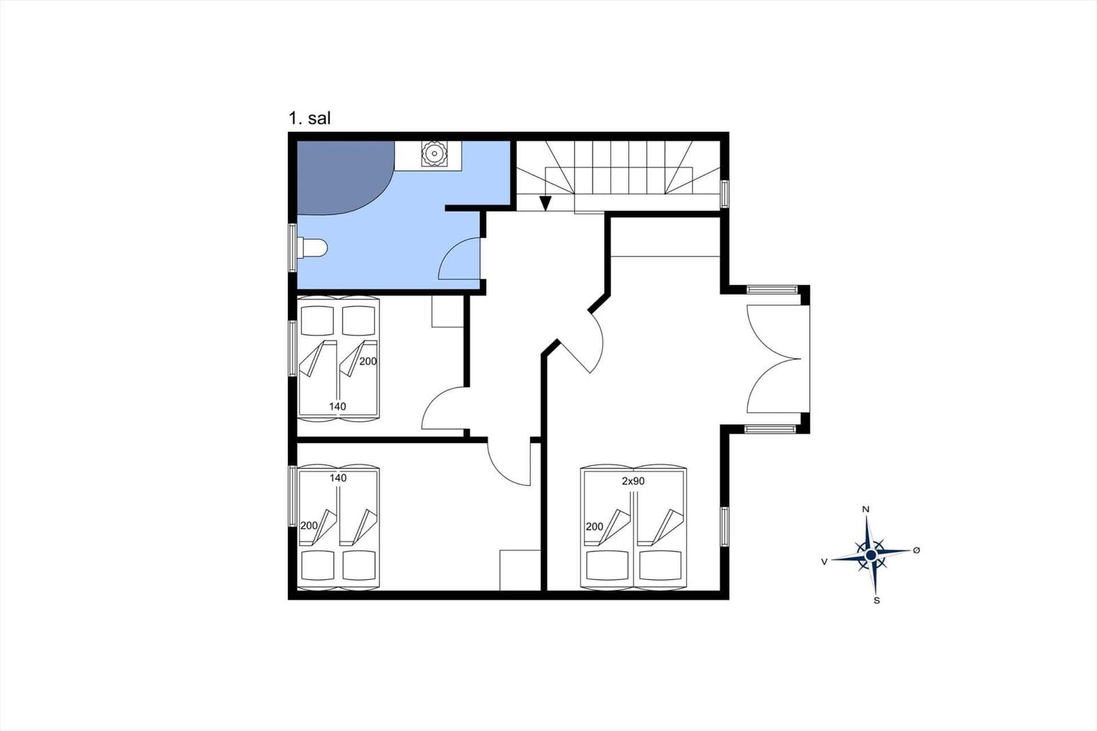 Erstes Stockwerk mit Schlafzimmer, Bad und Treppenhaus.