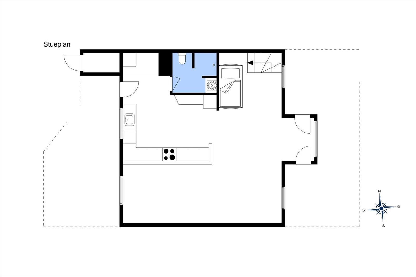 Stueplan zeigt Küche, Bad, Schlafzimmer und Treppenhaus.