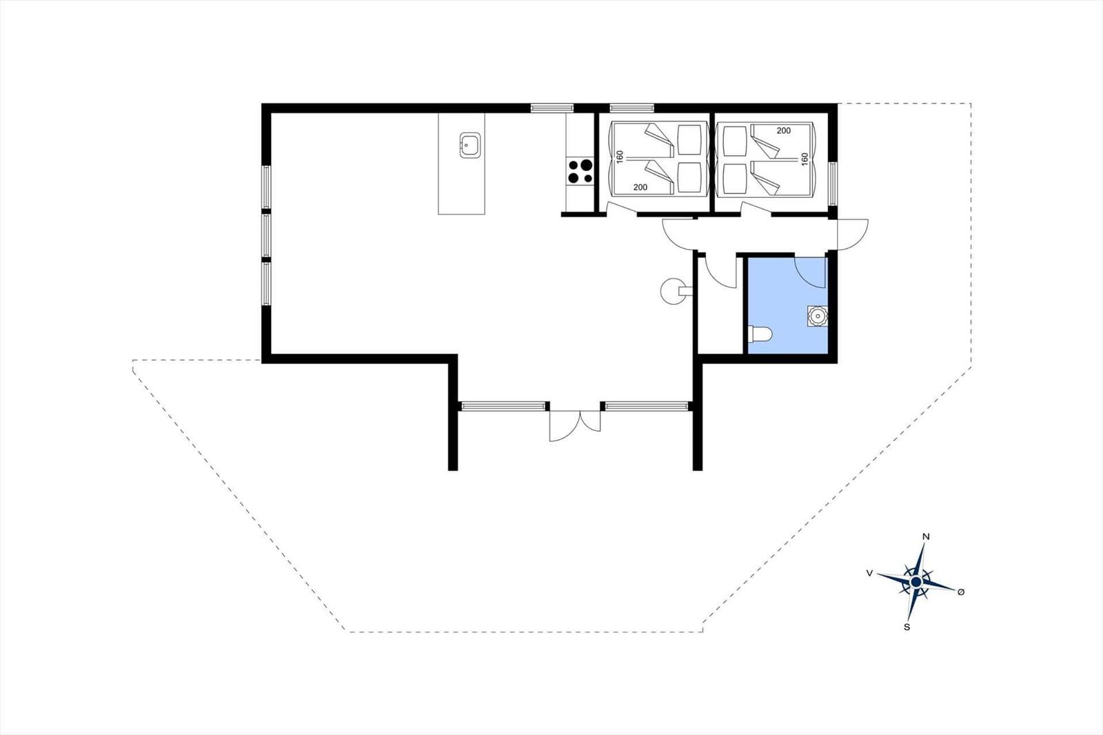 Apartment with kitchen, two bedrooms, and bathroom. Floor plan with compass.