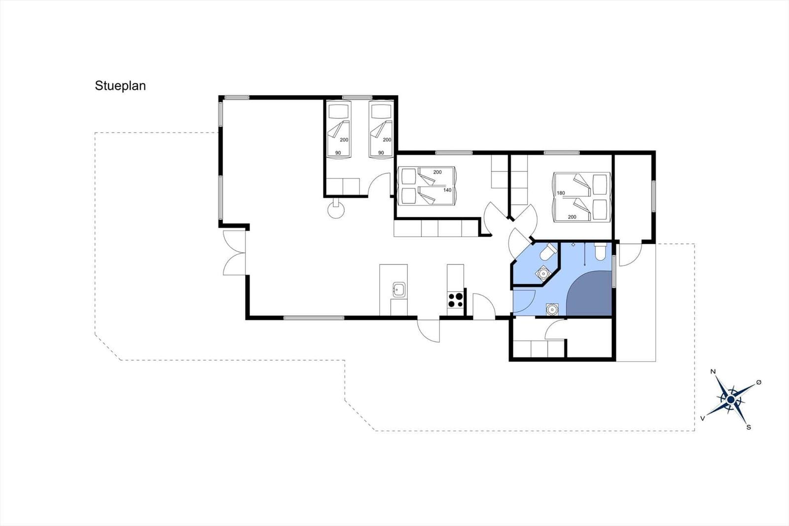 Stueplan zeigt Wohnung mit Küche, Bad, Schlafzimmer und Wohnbereich.