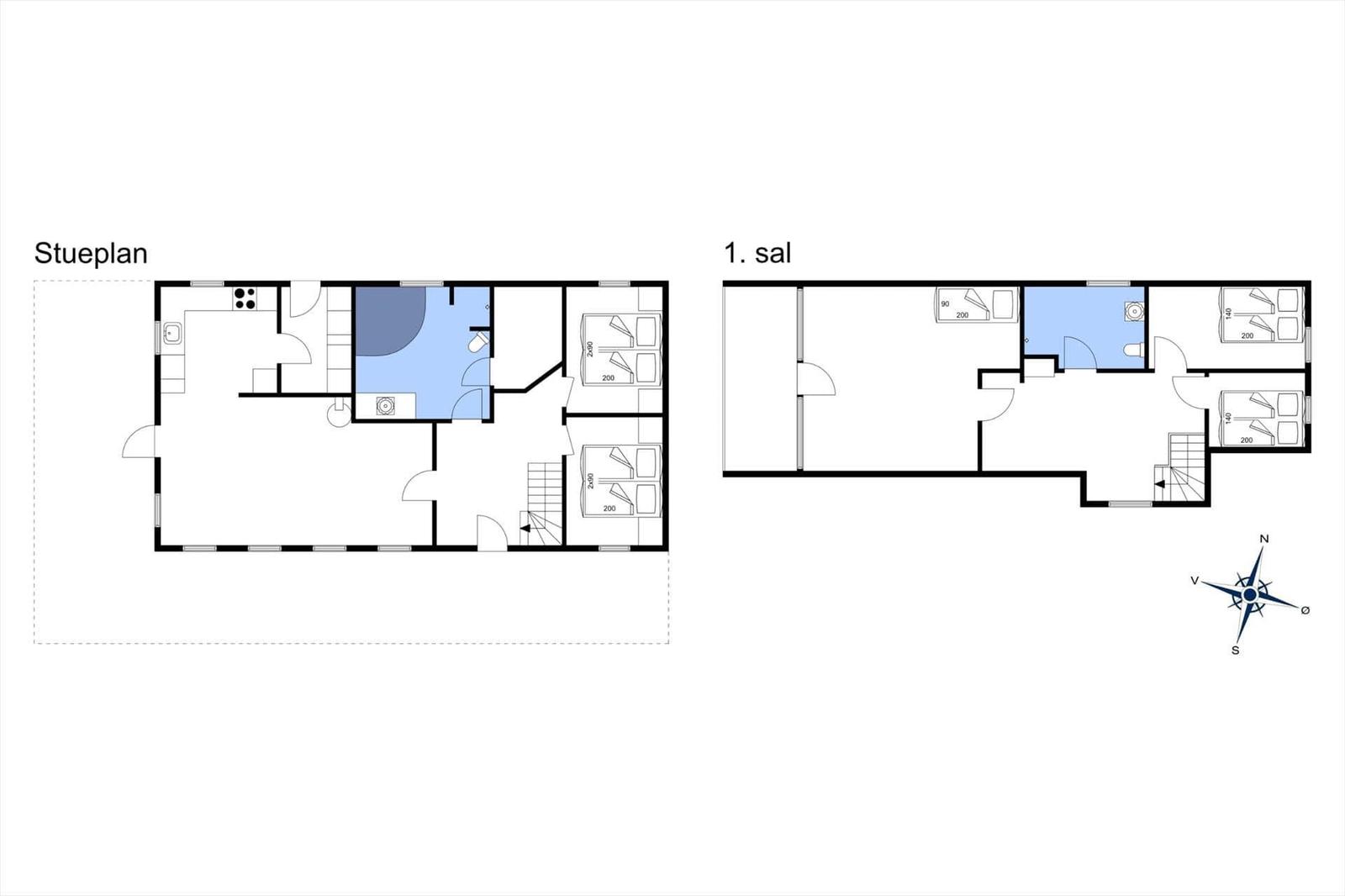 Stueplan und 1. sal mit Schlafzimmern und Bad