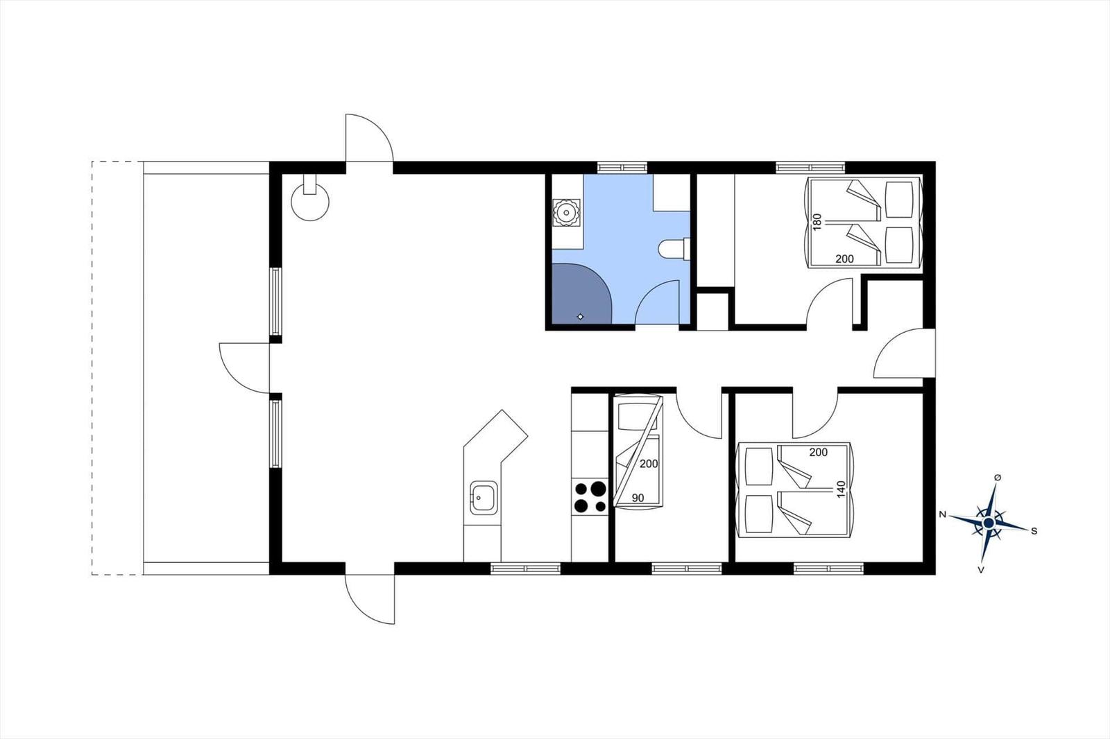 Apartment with two bedrooms, kitchen, and bathroom. Room sizes are marked.