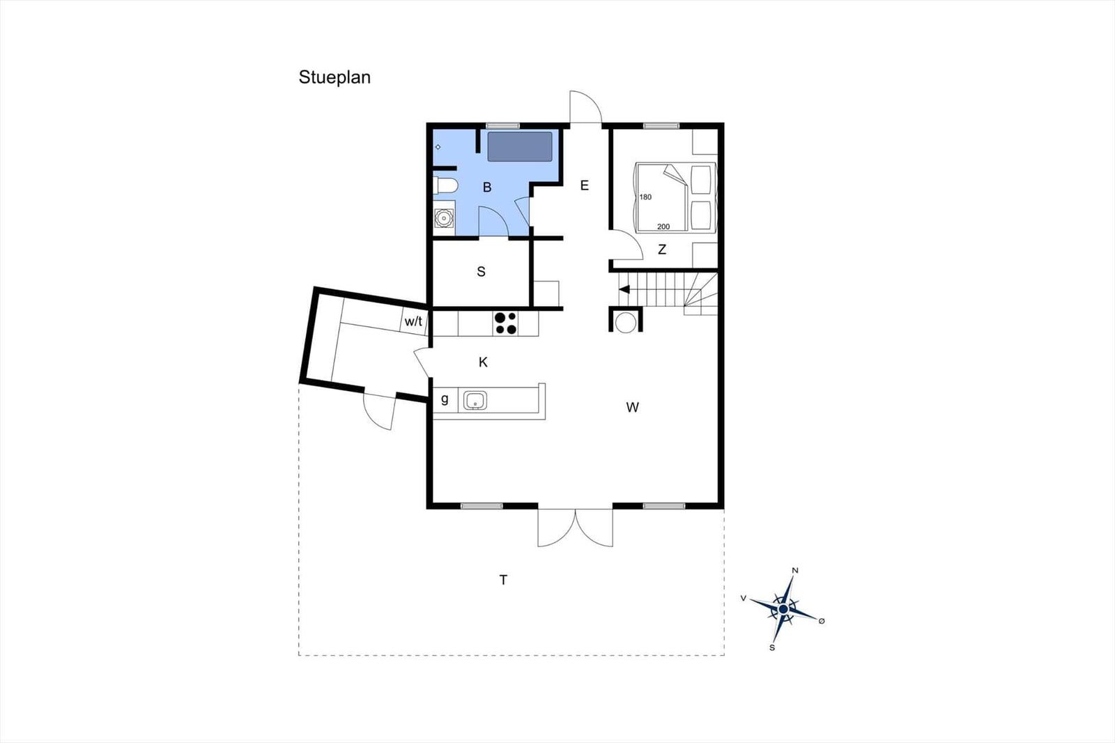 Stueplan zeigt Wohnbereich, Küche, Schlafzimmer und Bad.