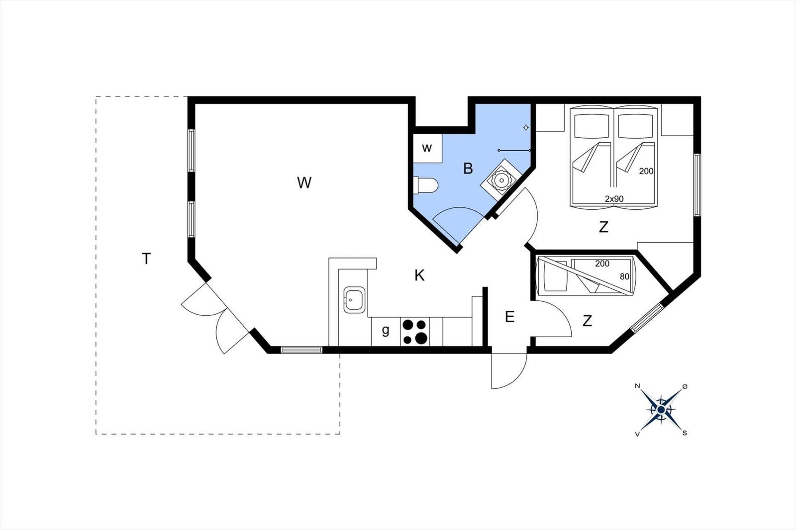 Apartment with kitchen, bathroom, bedrooms, and terrace.
