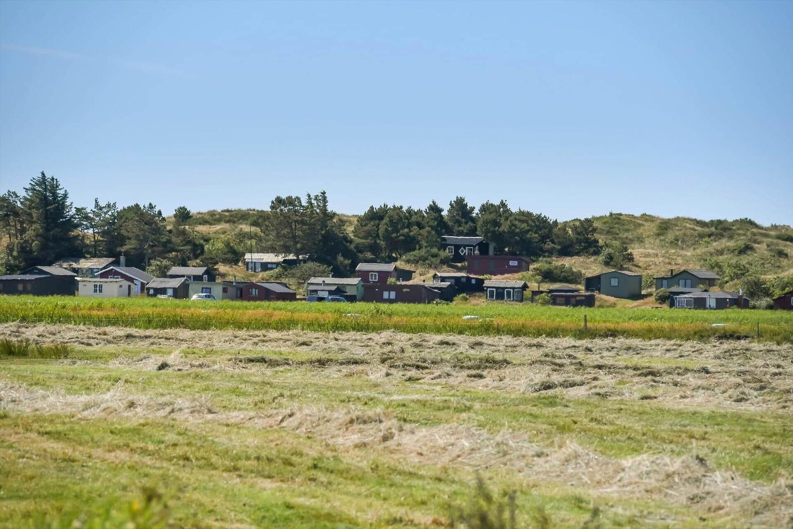 Grünes Feld mit Ferienhäusern im Hintergrund unter blauem Himmel.