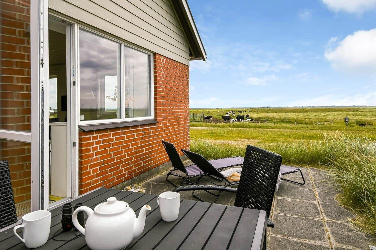 Terrasse mit Tisch, Stühlen und Blick auf Weideland mit Kühen.