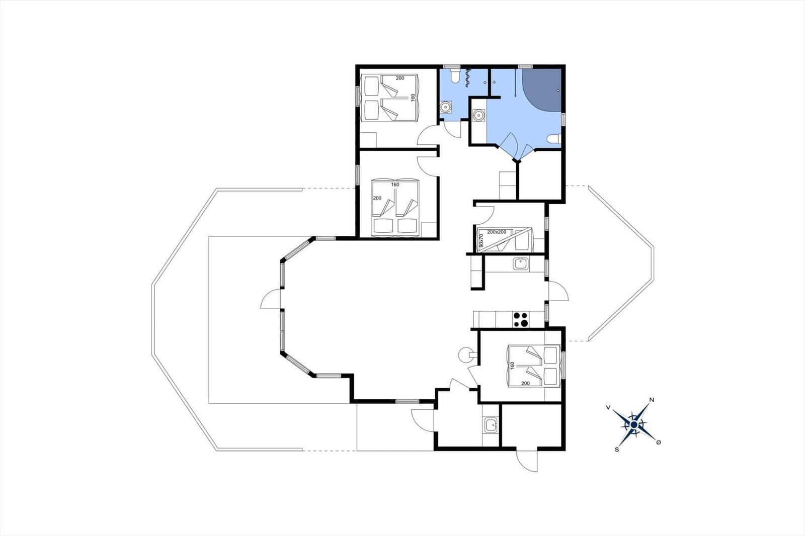 This house has three bedrooms, a kitchen, and a bathroom.