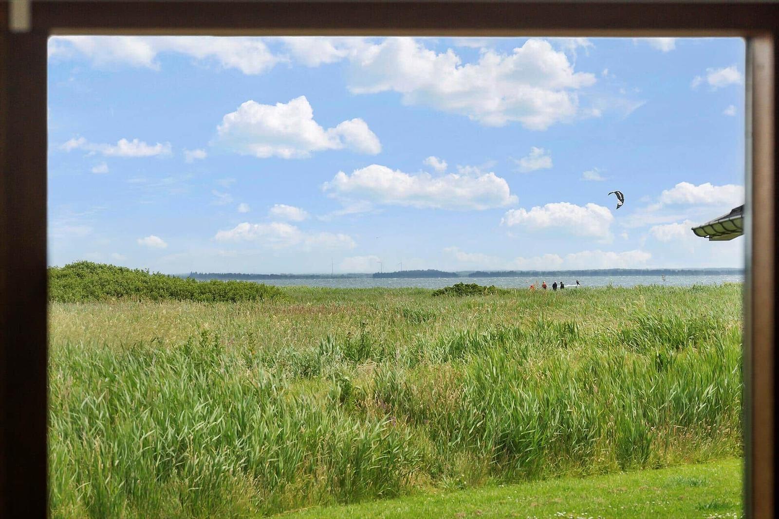 Durch ein Fenster blickt man auf eine Wiese mit Gras und einen See unter blauem Himmel mit Wolken.