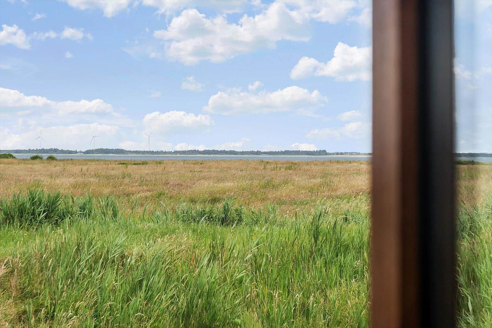 Blick aus dem Fenster auf Feld und See mit Windrädern im Hintergrund.