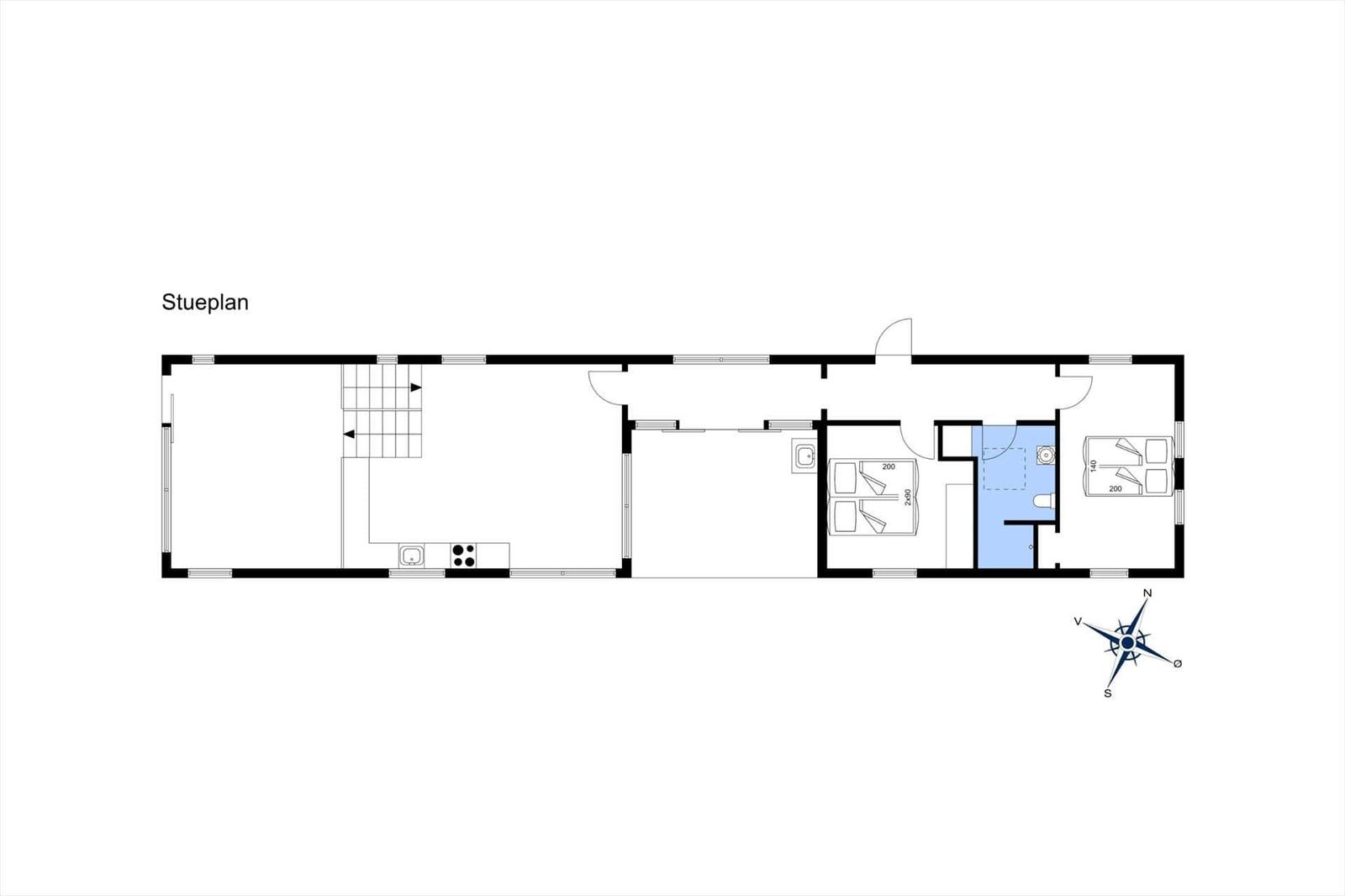Stueplan zeigt Wohnfläche mit Küche, Schlafzimmer und Bad.