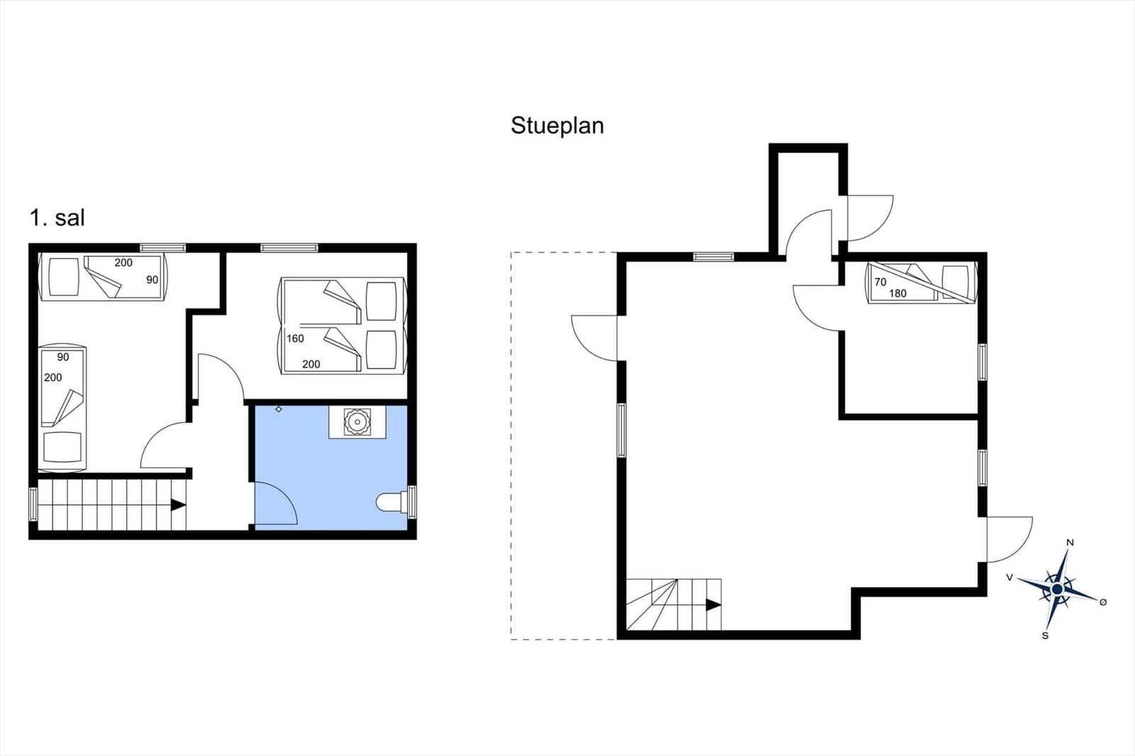 Wohnung mit zwei Schlafzimmern und Bad. Stueplan zeigt Grundriss.