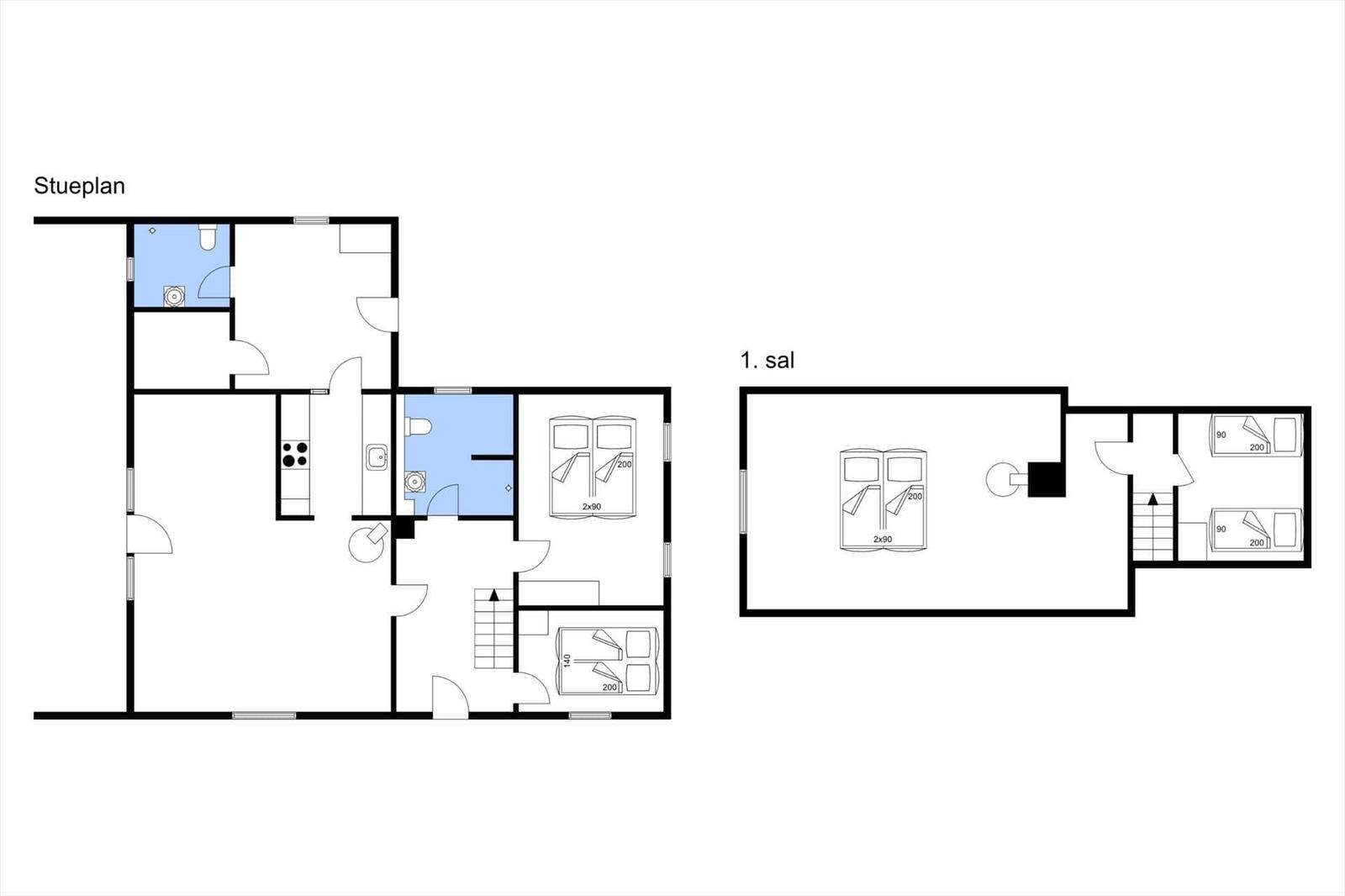Stueplan zeigt Küche, Bad und Schlafzimmer mit Betten. 1. sal hat zwei Schlafzimmer und Treppenhaus.
