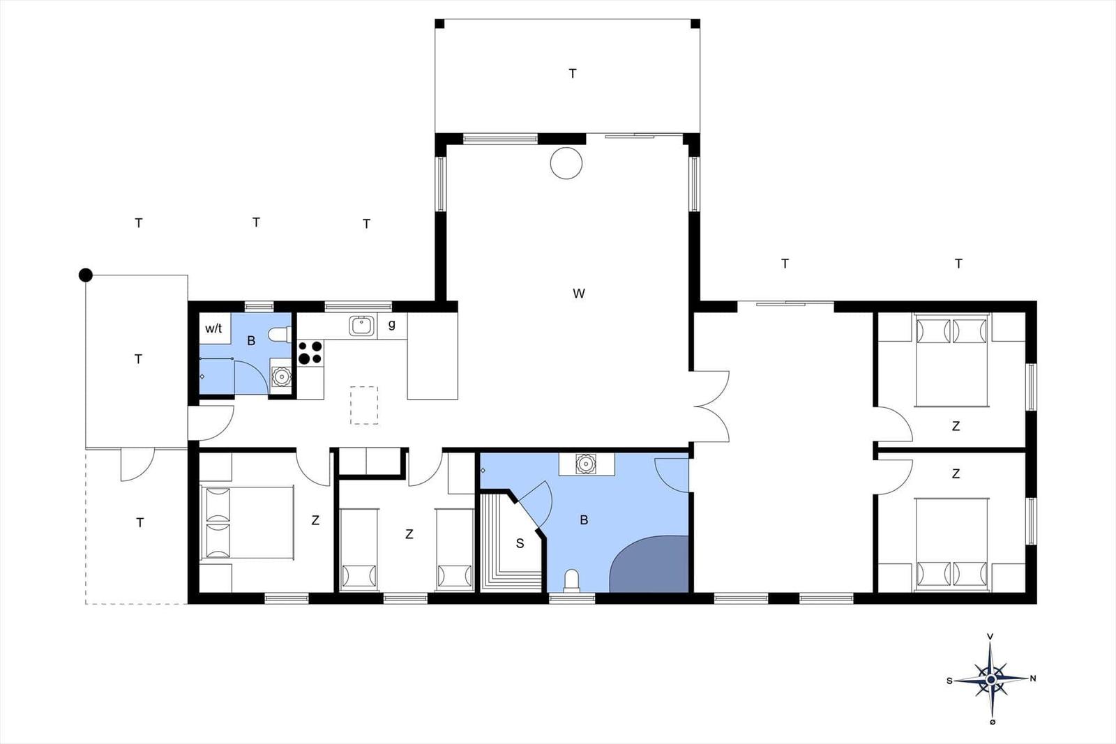 The apartment has three bedrooms, a kitchen, a bathroom, and a toilet.